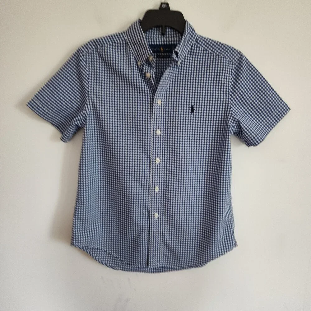 Boys SZ M (10-12) Ralph Lauren Blue/White Gingham Short-Sleeve Dress Shi…